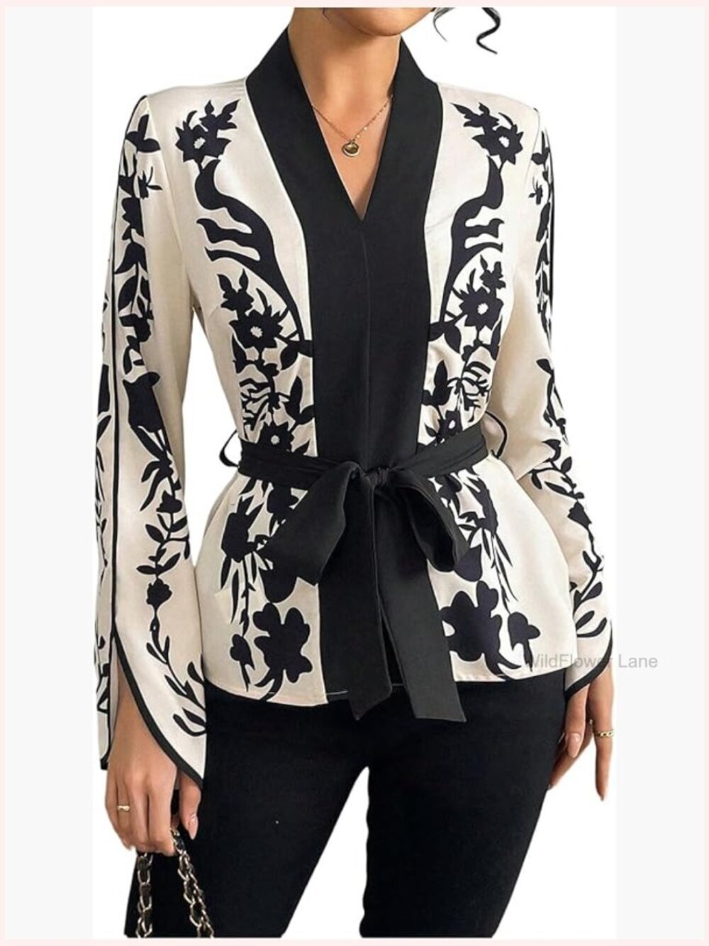 Women's Boho Floral Bell Sleeve Tie Front Blouse V Neck Blouse